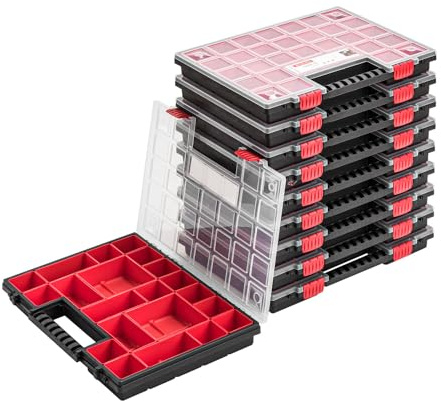 10x Sortimentskasten Kleinteilemagazin mit Deckel - 400 x 305 x 50 mm - Sortierbox Sortierkasten Sortierkoffer Werkzeugbox roten Fächern