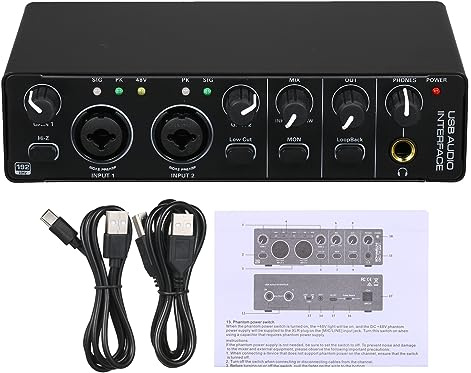 sound card,HUIOP USB Audio Interface Sound Card RHM 2 In 2 Out Audio Interface Sound Board with 48V Phantom Power for Recording Professional Audio Mixer & Mic Preamplifier XLR/TSR/TS Ports for Guitari