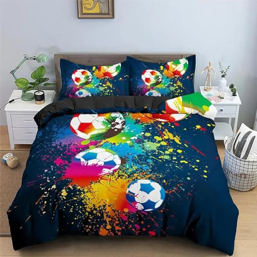 Fußball Bettbezug Set Heller vibrierender Fußball 3 Stück Bettwäsche Set Sport Thema Ball Fußball Druckmuster für Kinder Kinder Jugendliche mit Reißverschluss 135x200 + 2 x Kissenbezuge 80x80cm