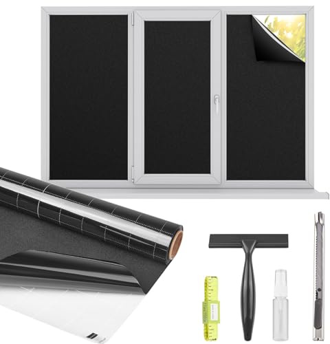 Kromapolis Blackout Window Privacy Film Total Light Blocking Room Darkening Window Covering, Removable Static Cling Frosted Glass Tint, Non-Adhesive, Black 17.5'' x 78.7''