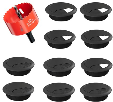 Desk Grommet 60mm (2-3/8 inch) - 10 Pack Black Cable Grommet & Desk Hole Cover with Hole Saw for Cables, Cord Management for Office, TV, and Home Table