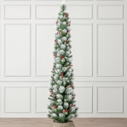 Christow Frosted Pencil Christmas Tree with Pinecones & Berries, 7ft | Artificial Slim Snow-Dusted Spruce, Pinecones & Berries, Natural-Look PE & PVC Needles, Easy Assembly with Stand
