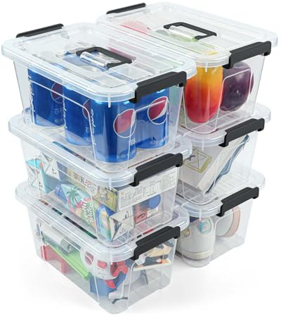 NUMIFUN Plastic Storage Bins with Lids 6 Pack Storage Organizer, 7 Quart Stackable Storage Bins with Buckle-Up Latches and Handle Storage totes easy for Home Office Pantry Organization, Clear Lids