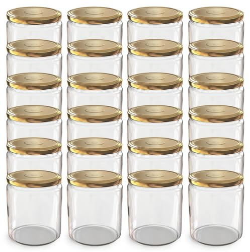 Oputec Lot de 24 bocaux de 405 ml avec couvercles à visser dorés TO 82 - Parfaits pour les confitures, les confitures et plus encore - Grands bocaux avec couvercle - Idéal comme pots à confiture et