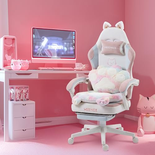 MEENICE Cute Katze Gaming Stuhl Stoff mit Katzenpfote Lendenkissen und Katzenohren, Gaming Stuhl mit Fußstütze Ergonomischer Pc Stuhl für Kinder Erwachsener Mädchen, 140kg Belastbarkeitfür, Farbig