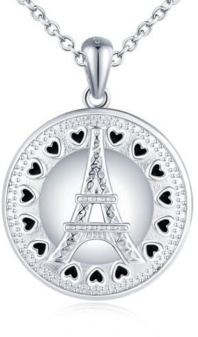 Yumilok Kette Damen Halskette 925 Sterling Silber Eiffelturm Paris Herz Schwarz Rund Medaillon zum Öffnen für Bilder Foto
