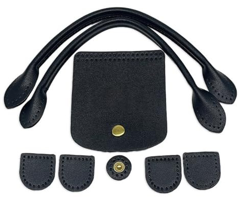 Handtaschen-Strickpakete Set aus PU-Leder,Ledertasche Strickset,PU Teile für DIY Schulter Bucket Bag Handtasche,Zubehör Nähen Einschließlich Taschengriffe,Druckknopf-Taschenabdeckungen,Schwarz
