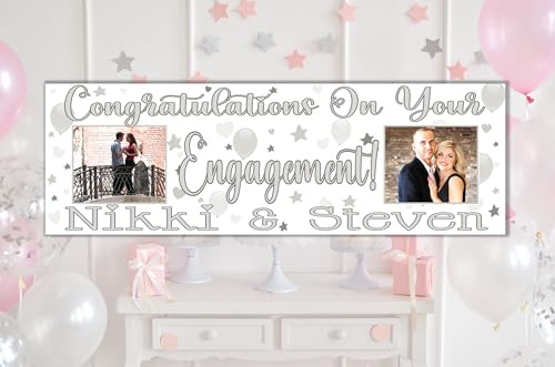 Large Personalised Engagement Banner Customised with Name and Photo Silver White Party Decorations We're Engaged Congratulations Engagament Banners Outdoor (Silver, 6x2ft Banner with 2 Photos)