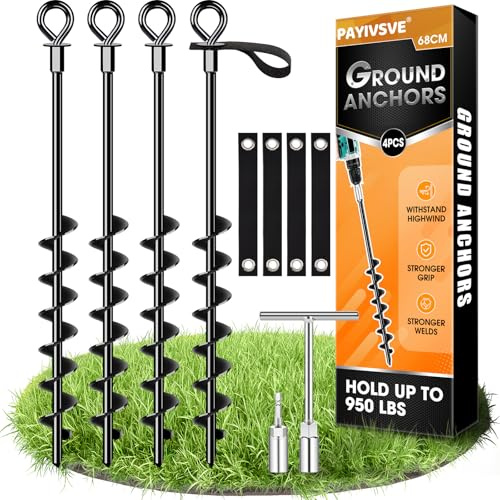 Set di ancoraggi a terra 4 Set (27 inch) con cinghie - vite piena e grande Trampolino Trampolino di ancoraggio a terra Set di ancoraggio a terra per fissare il fissaggio di gazebo, capannon, carport