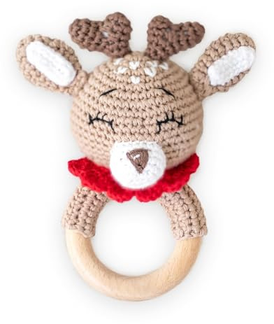 Greifling personalisiert mit Namen - Holz Beißring Baby gehäkelte Tiere - Babyrassel - Babygeschenke zur Geburt für Mädchen/Jungen - Baby Erstausstattung Neugeborene (Rentier)
