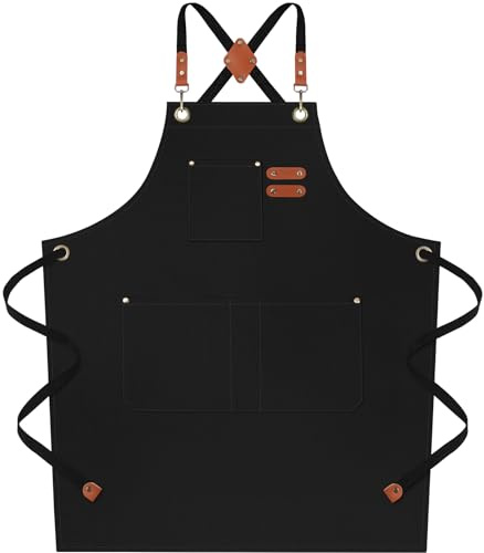 Riqiaqia Canvas Kochschürze für Herren und Damen, Kreuz zurück Heavy Duty Arbeit Baumwolle Schürze mit verstellbaren Trägern und großen Taschen für Küche, Kochen, Backen