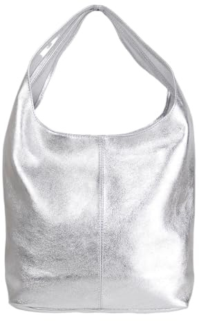MIRROSI Beuteltasche Damen aus Echtleder – Made in Italy – Shopper & Tragetasche 33x32x16 cm – Handtasche mit viel Stauraum – Leder Schultertasche (Metalic Silber)