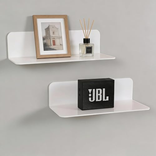 GJFWQC 2 Pcs White Acrylic Floating Wall Shelves, No Drill | Thickened self adhesive display shelves with cable clips for bedroom, bathroom, kitchen and living room storage