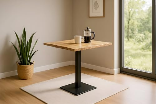 SAM Bistrotisch Iris 60x60 cm, Akazie Natur lackiert, Stempelfuß schwarz | Baumkantentisch massiv, Akazienholz Natur lackiert, echte Baumkante, Säulentisch/Esstisch aus Eisen