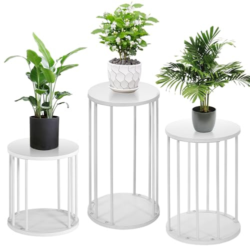 HDANI 3er-Set Rund Pflanzenständer Metall 35/45/55cm,Solider und Robuster Blumenständer für Wohnzimmer, Garten,Balkon, Blumenhocker Holzfür,Weiß