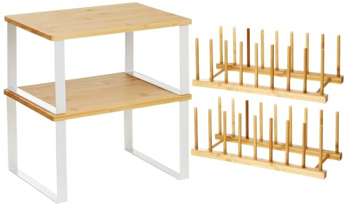 Marsui 4 Pcs Kitchen Organizer Accessories Set Cabinet Organizer Shelf and Bamboo Dish Drying Plate Rack Counter Shelves Storage Holder for Spice Rack, Dish, Pot Lid, Bowl, Cup(Wooden Color)