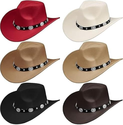 MALLOOM Lot de 6 Chapeaux de Cowboy pour Femmes et Hommes – Chapeau Western Rétro à Large Bord avec Boucle de Ceinture – Chapeau Panama en Feutre Imitation Fourrure (Style Rétro)