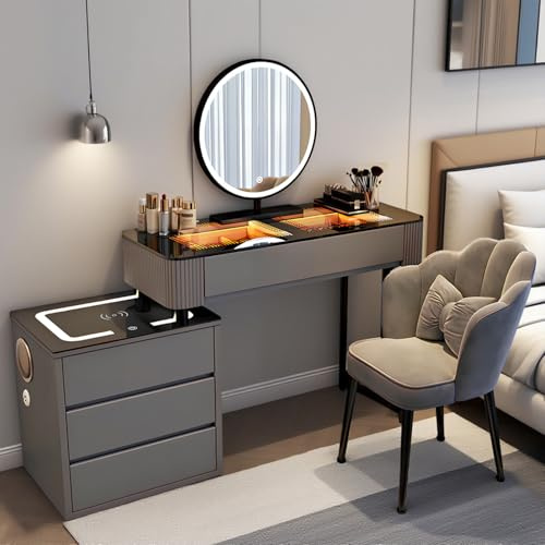 Glass Top Vanity Table with Mirror and Lights, White/GreyVanity Dressing Tables with Drawers - Makeup Table with Charging Station Dresser Table with Chair Bedroom Makeup Vanity Desk (Grey, 80CM)