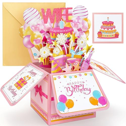 YianHien Wife Birthday Card from Husband, 3D Pop Up Pink Box Greeting Card