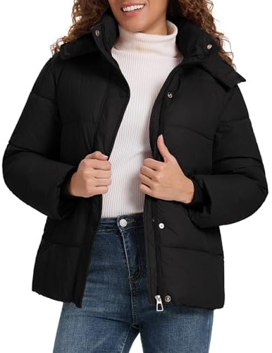 HOTIAN Women's Cropped Puffer Jackets Hooded Zip Up Winter Warm Quilted Coat Outerwear(Black-L)