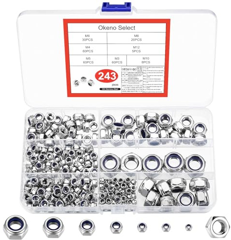Okeno Select 243 Pcs Lock Nuts Set, Stainless Steel Hex Nylon Insert Lock Nuts, M3 M4 M5 M6 M8 M10 M12 Vibration Resistant Nut Assortment for Bolts & Threaded Inserts