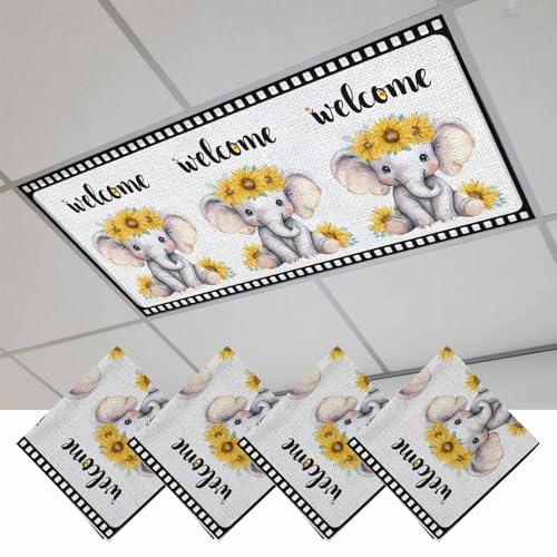 2x4 ft Fluorescent Light Cover for Ceiling Welcome Words Animals Elephants Magnetic Light Filters, Flowers Films Boundaries Ceiling Lampshades for Home School Office 4Pcs