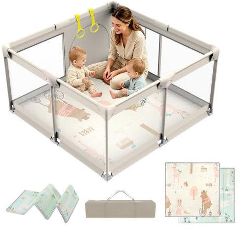 YOBWOK 120x120cm Box Bambini con Materassino,Recinto per Bambini,Box Neonato con Tappeto Schiuma,Recinto Neonato con Rete Traspirante Sui Quattro Lati e Ventose