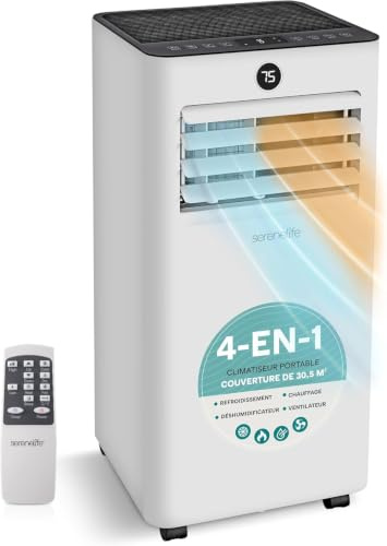 SereneLife Aire Acondicionado Móvil 9000 BTU 2,34 kW Calefacción - Aire Acondicionado Portátil con Descarga, Ventilador y Deshumidificador, Compacto con Mando a Distancia y Kit Ventana Gris