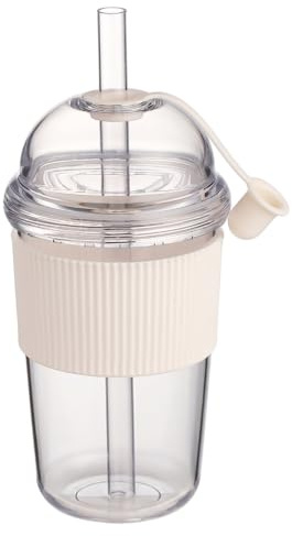 Temeemeg återanvändbar iskaffekopp 520 ml plastdricksglas med lock och sugrörsfodral för kallt iskaffe, bubbelte, vitt