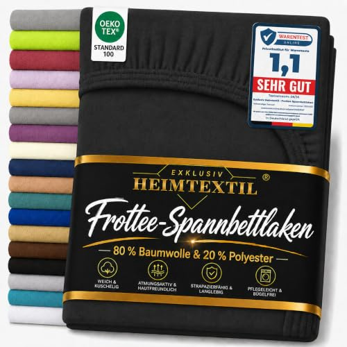 EXKLUSIV HEIMTEXTIL Frottee Spannbettlaken Marke 180 x 200 cm 80% Baumwolle, 20% Polyester Öko - Tex Zertifiziert, Markenqualität, Matratzenhöhe bis 25 cm, Schwarz