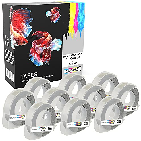 Prestige Cartridge 10x White on Silver Embossing Tapes (9mm x 3m) Compatible with S0717930 Omega Home & S0717900 Junior Embossers