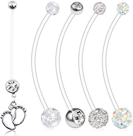 AceFun Piercing de Nombril très Long -pour Femme Enceinte Grossesse Maternité Ventre Bouton Anneaux Nombril Flexible Bioflex 1.6mm 38mm