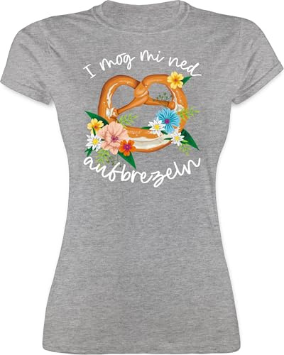 Shirt Damen - Kompatibel mit Oktoberfest - I mog mi ned aufbrezeln - XL - Grau meliert - trachtenshirt Trachten t Shirts bayrische auf brezeln Tshirt Trachtenmode trachtenoberteile Frauen bayrisch