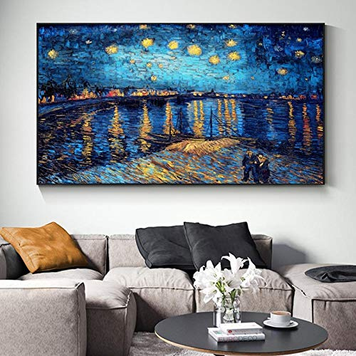 Nuit étoilée sur le Rhône par Vincent Van Gogh Célèbre artiste impressionniste Peintures à l'huile sur toile Décor de salon 60x105cm (23 x41) Sans cadre