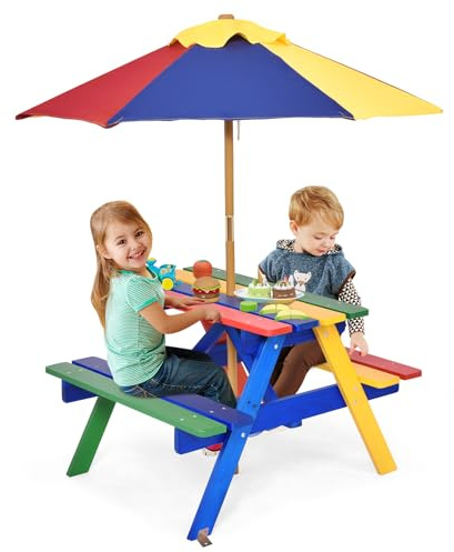 DREAMADE Table de Pique-Nique Enfant en Bois avec Parasol Amovible,Table Exterieur Enfants avec Banc,4 Places,pour Jardin,Terrasse,Patio,Balcon,79x71x52,5CM