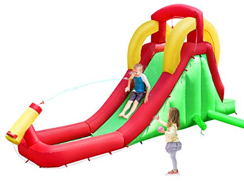 GOPLUS Aufblasbarer Hüpfburg, Springburg mit Rutsche und Kletterwand, Spielburg für Kinder 3+ Jahre, Spielpool im Outdoor, inkl.Tragetasche, Reparaturpaket, 470x120x242cm (Ohne Gebläse)