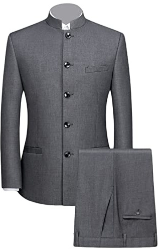 Men 2 Pieces Chinese Tunic Suit Mandarin Collar Blazer Set Button Jacket Pant Set Traditional Uniform Groom Dress (Dark Grey,3X-Large)