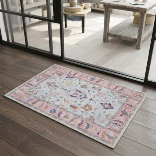 Fame Rugs Alfombra Oushak moderna de 2 x 3 pulgadas, color rosa y beige, tapete vintage turco, colorido, oriental, inspirado en la antigüedad, lavable, alfombra de área pequeña, lujosa para sala de