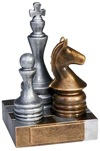 eberin · Schach Pokal, Schachturnier Award, Resinfigur Schachspiel · König · Pferd · Bauer, Schachspieler Preis Bronze/Silber, personalisierbar mit Wunschtext, Größe 15 cm