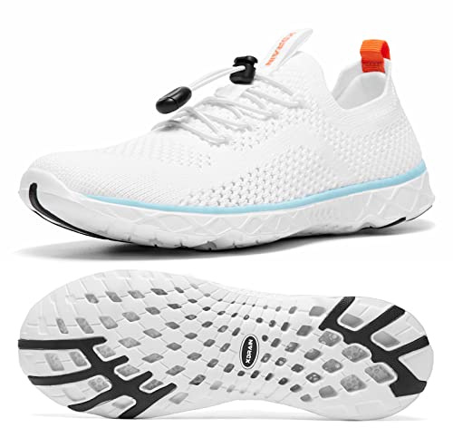 KOLILI Women's Lightweight Water Shoes for Swimming, Quick Drying Water Aerobics Shoe, Arch Support Aqua Shoes for Surfing, Woman Slip on Walking Sneaker for Outdoor White/Aqua 10