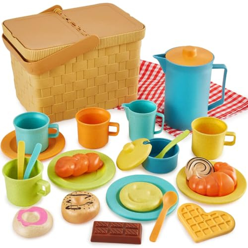 HERSITY Kids Picnic Basket Play Tea Sets for Toddlers 3-5 Girls Boys Gifts