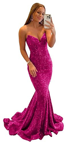 Basgute Vestidos de fiesta de sirena con lentejuelas para mujer, brillantes, largos, sexy, sin tirantes, cuello en V, vestidos formales de fiesta de noche, Fucsia, 8