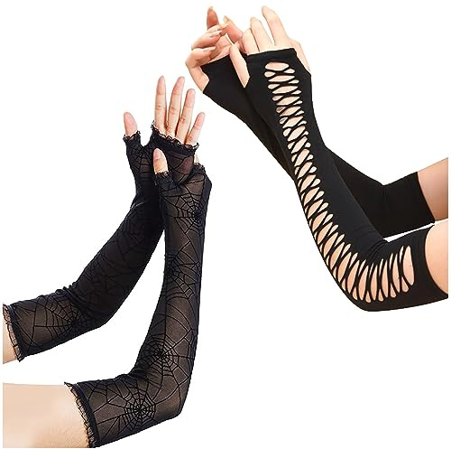 Malaxlx 2 Paar Halloween Spitze Fingerlose Handschuhe – Gothic Cosplay & Kostüm Opernhandschuhe für Damen