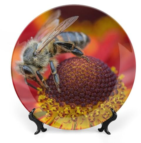 Flower Bee Decorative Plate for Wall Ceramic Home Wobble-Plate with Display Stand Table Decor Ornament Thanksgiving Christmas Decoration Porcelain Dinner Plate Dessert Dish 10