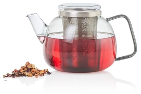 AdHoc Yuna Glass Teapot with Loose Leaf Tea Infuser 1.2L Tea Pot with Lid | Made From Mouth Blown Heat Resistant Borosilicate Glass Each One Is Unique Perfect For Loose Tea, Herbal Tea, Fruit Tea