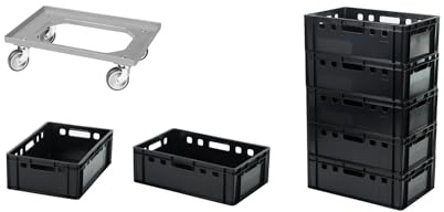 Logiplast 7 Stück E2-Kasten schwarz + 1 Transportroller mit vier Lenkrollen grau
