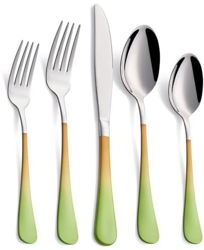 DINYWOW 20-Pieces Color Silverware Sets for 4,Green and Orange Handle Stainless Steel Cutlery Set, Include Forks Spoons and Knives Set, Dishwasher Safe Utensil Sets for Home Restaurant
