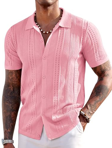 COOFANDY Men's Short Sleeve Shirts Knit Button Down Polo Shirt Casual Summer Beach Tops Light Pink