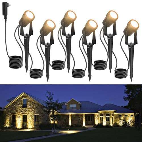 Outdoor Landscape lighting Low Voltage, 65.6FT Wired LED Spot light with Plug-in Transformer, IP65 Waterproof Outside Uplight 18W 1800LM for Yard Garden Tree Pathway House, Warm White 3000K, Pack of 6