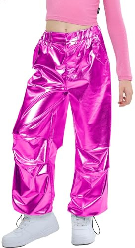 LOLANTA Niñas Pantalones de Cuero Metálico Brillante Traje de Baile Hip Hop Retro Pantalones Cargo con Cintura Elástica, Rosado Oscuro, 11-12 años, 160